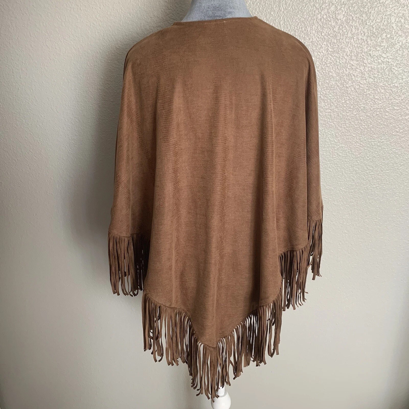 Chico’s Brown Fringe Poncho Shawl One Size Western Boho Faux Suede Wrap