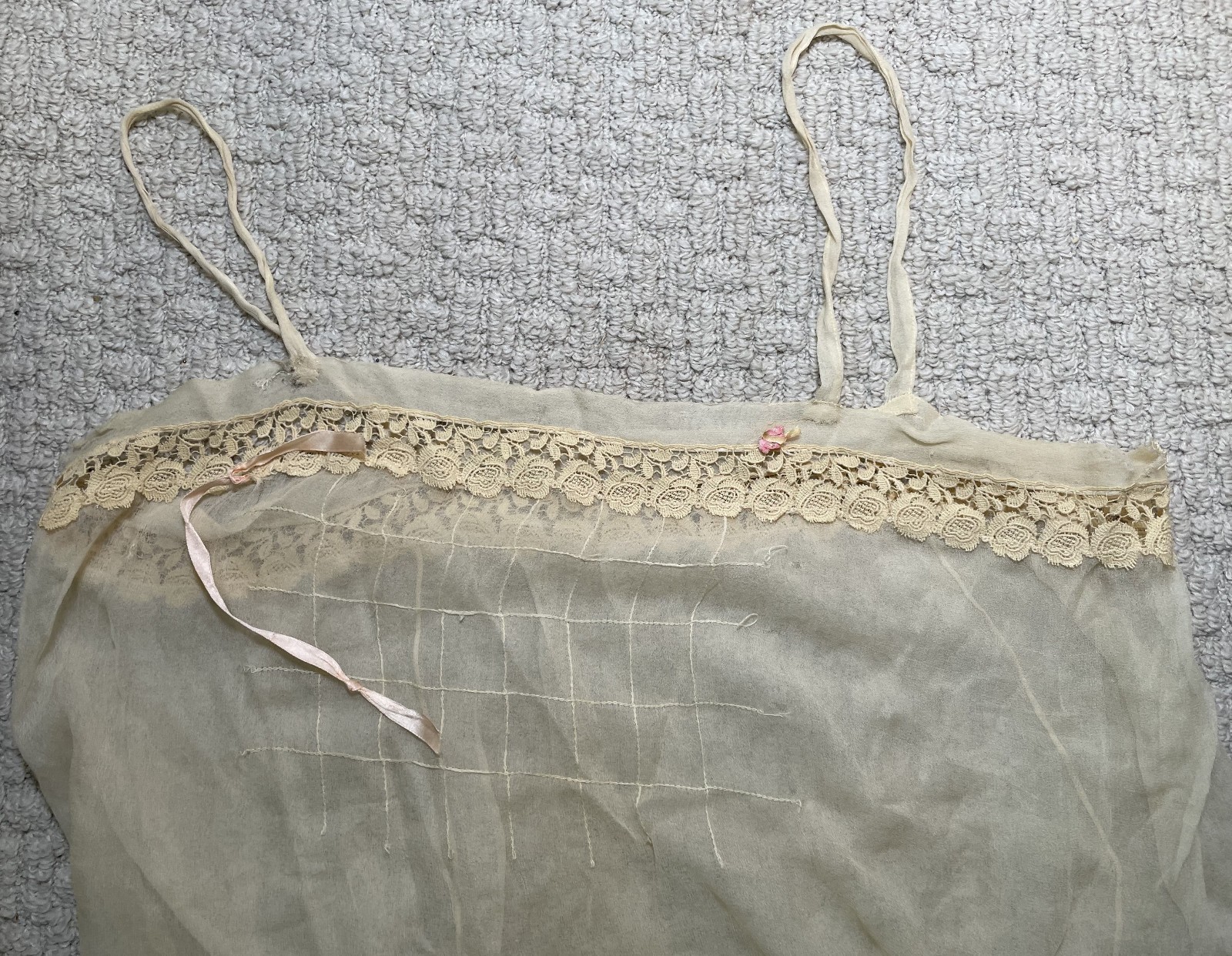 Antique 1900s Victorian Ivory Sheer Silk Slip Teddy Envelope Chemise Lace Holes