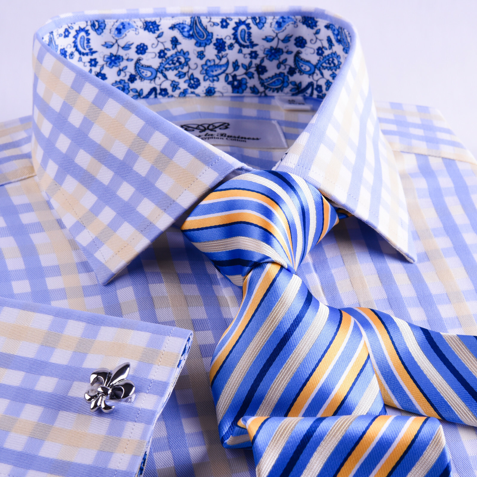 Mens Blue & Yellow Check Formal Business Dress Shirt Italian Floral Paisley Boss