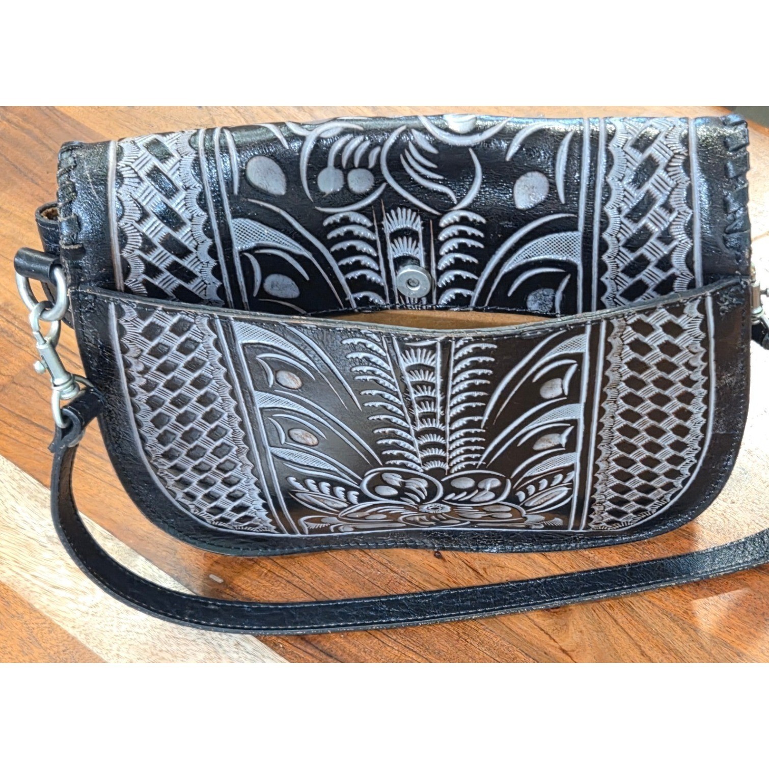 Patricia Nash Leather Crossbody Saddle Bag Embossed Silver Floral Boho Western