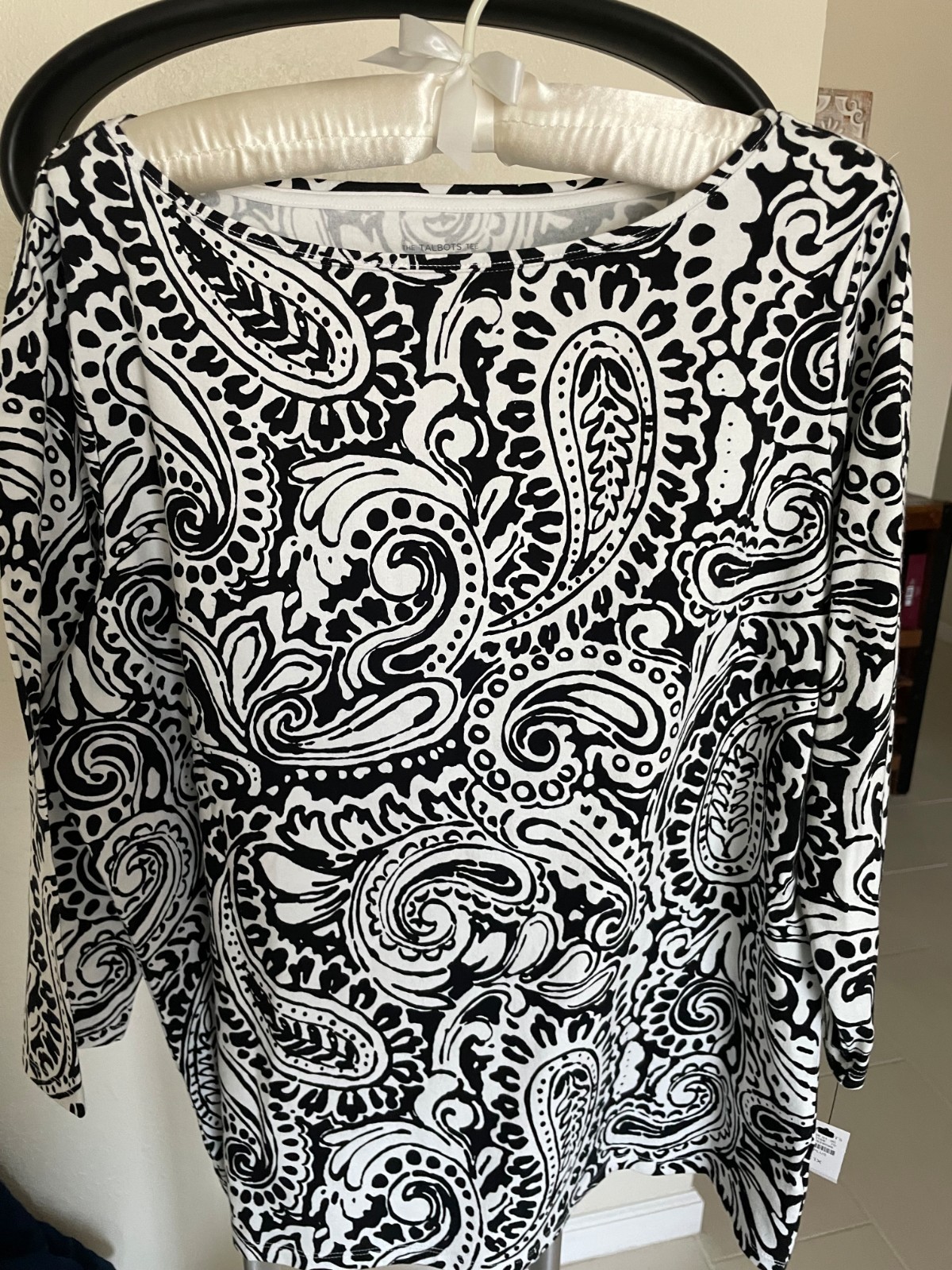 Talbots 1X Black and White Paisley Swirl 3/4 Sleeve Top NWT
