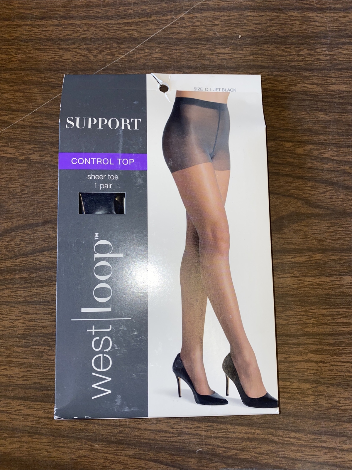 West Loop Silky Sheer Control Top Sheer Toe Jet Black Pantyhose size C