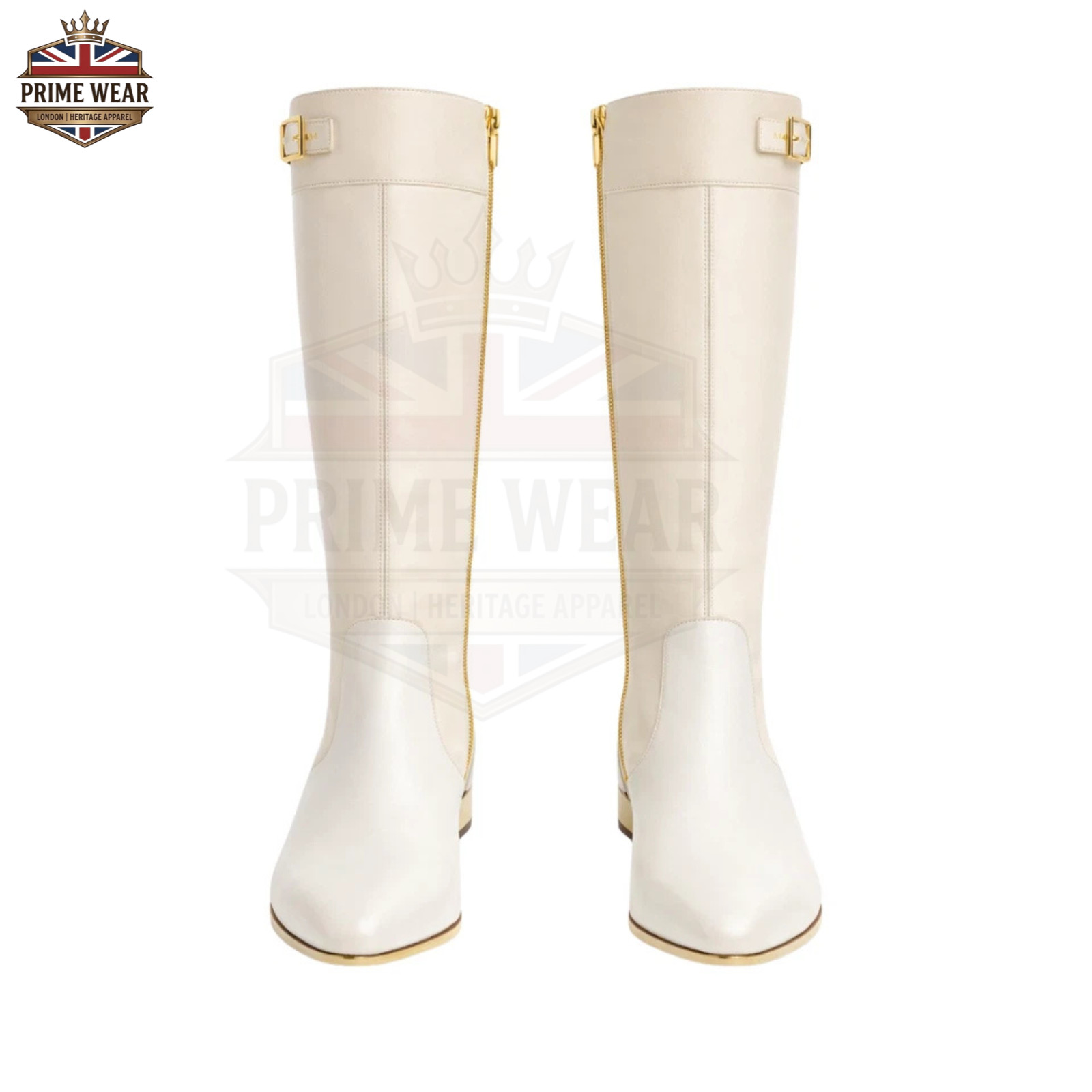 Womens Ivory Genuine Leather Knee High Riding Boots Gold Zip Buckle Equestrian