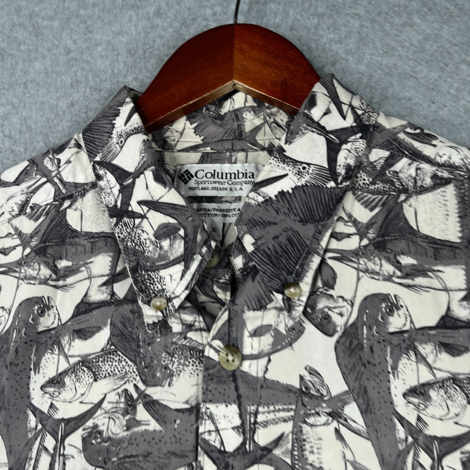 Vintage Columbia Fish Print Shirt Casual Boat Beach Button Up Short Sleeve XL