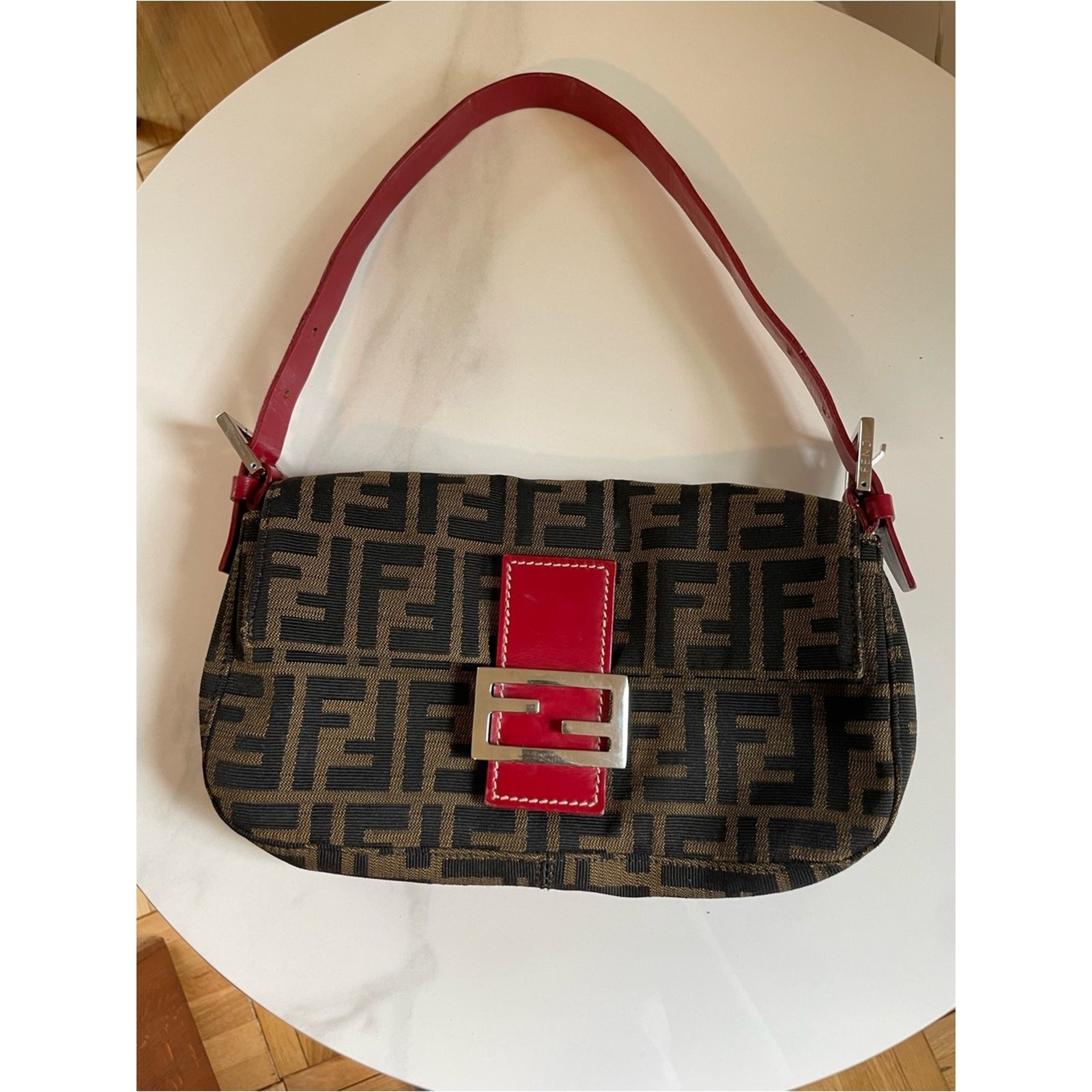 Authentic Fendi Baguette shoulder bag Zucca FF monogram canvas red leather trim