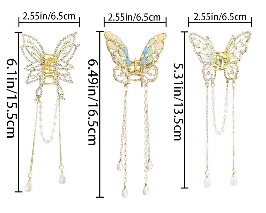 Gold Metal Butterfly Hair Clip Rhinestone Beaded Accents with Dangle Chains