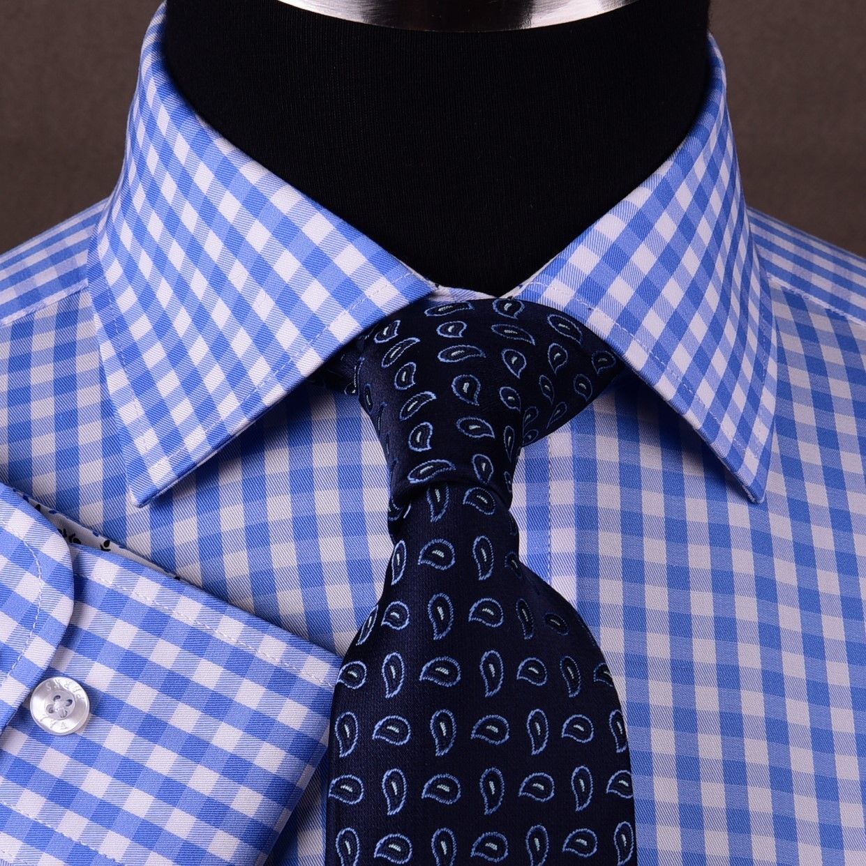 Blue Gingham Check Formal SLIM Dress Shirt Subtle Plaids Windmill inner lining