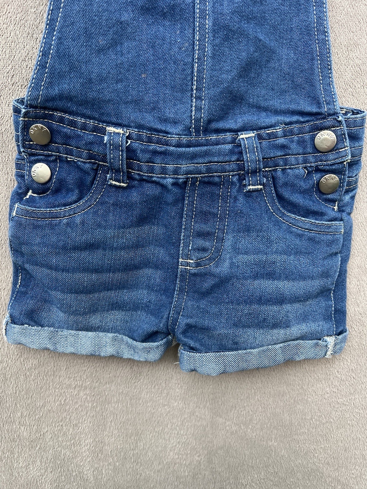 DKNY Baby Denim Shortalls Overalls Size 24M Blue Jean Pink Stripe Adjustable Leg