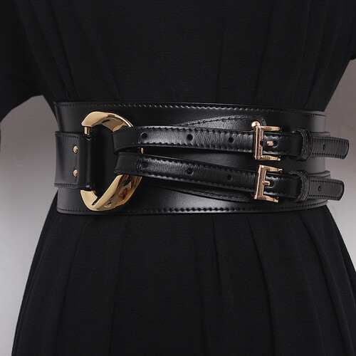 Women Cowhide Leather Corset Belt Double Prong Buckle Wide Decorative Waistband