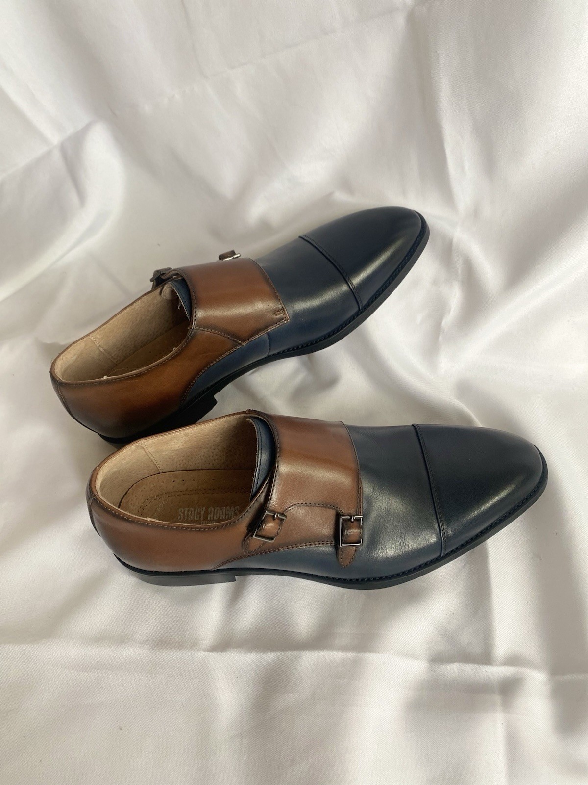Stacy Adams Raythorne Cap Toe Double Monk Strap Navy Brown Leather Oxford Men 11
