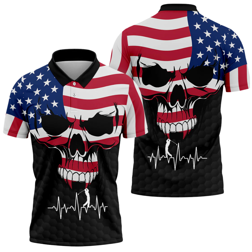 Custom Name American Flag Skull Golf AOP Shirt Polo Shirt Fullsize S-5XL