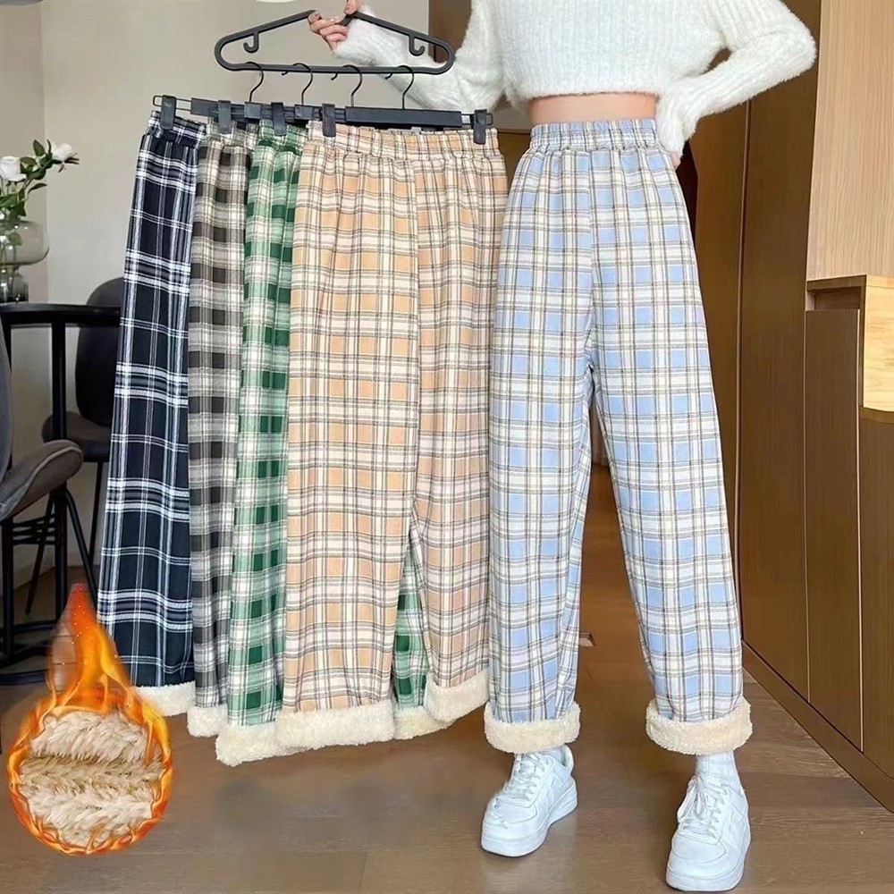 Women Summer Checkered Print High Waist Pants Straight Fit With Lining For Yoga