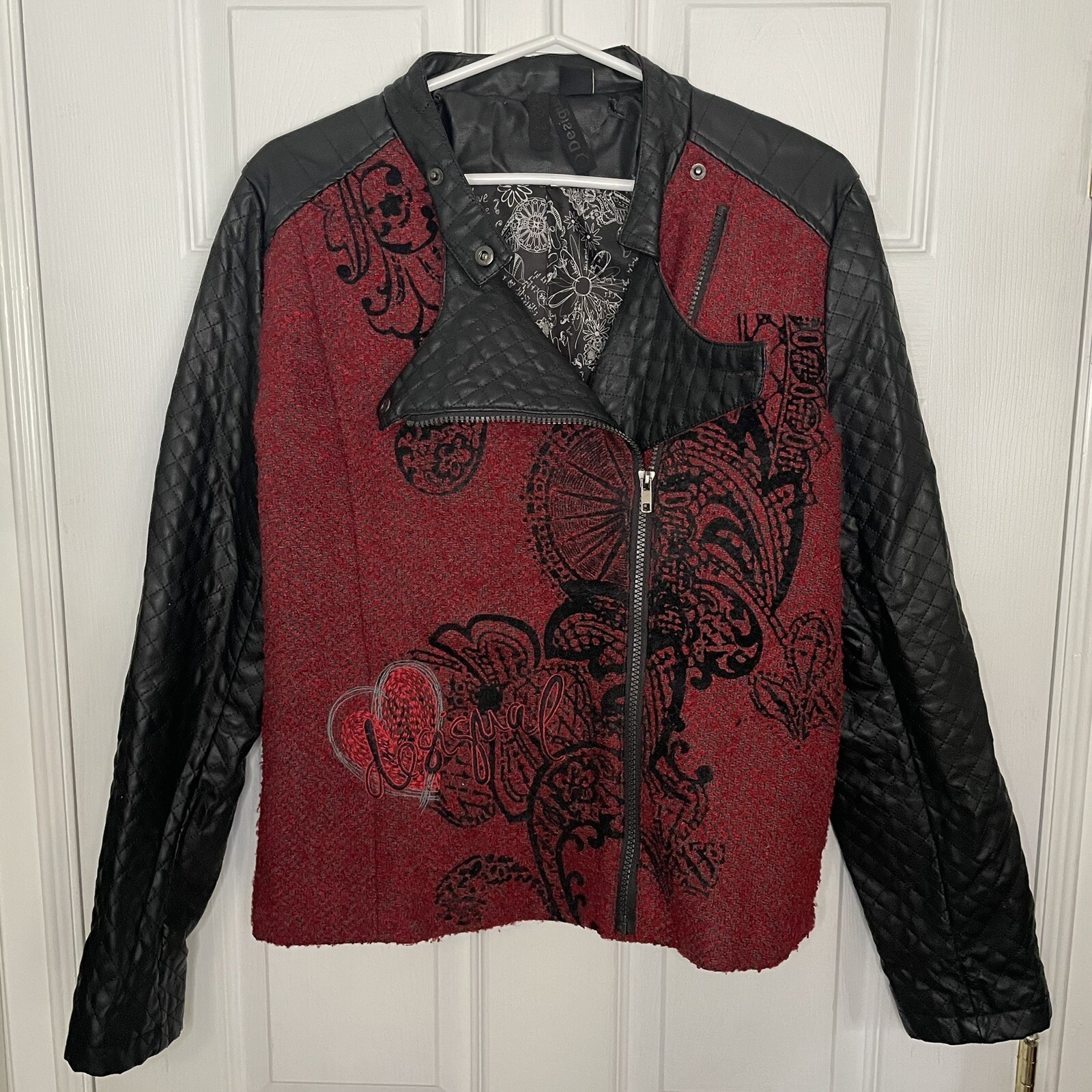 Desigual Wool Blend and Vegan Leather Black and Red Moto Jacket 42