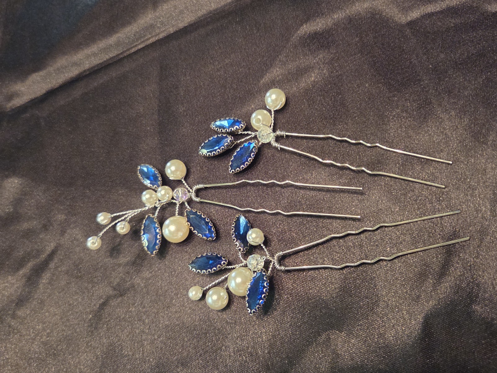 3-Piece Floral Hair Pin Set Blue Rhinestone Faux Pearl Metal U-Shaped Sticks