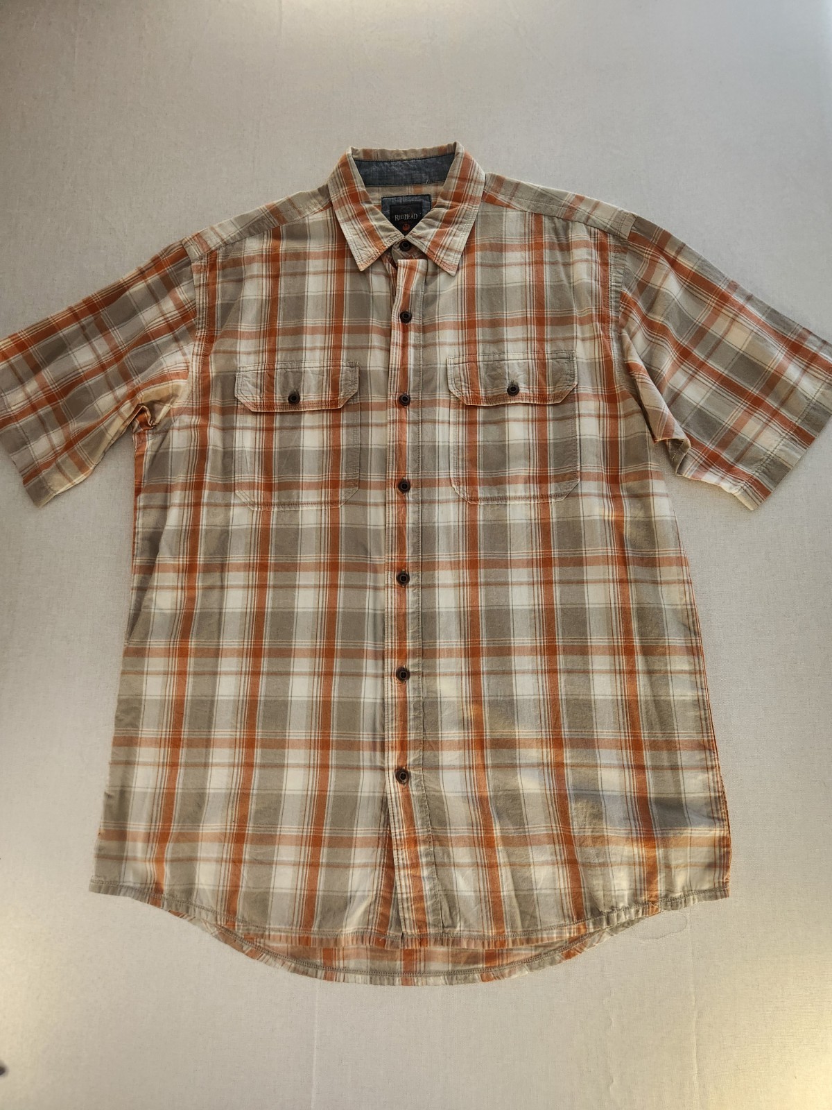RedHead Men M Orange Beige Plaid Cotton Woven Short Sleeve Button-Up Pocket #043