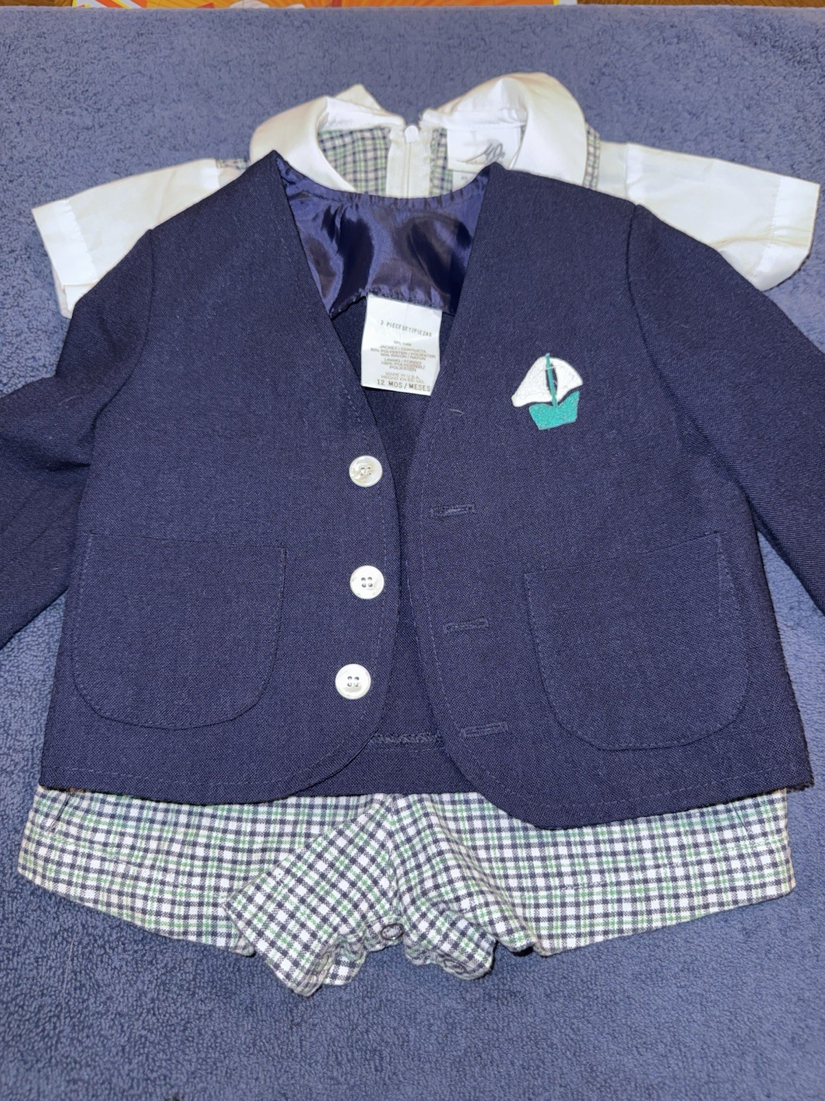 Vintage Michael James Infant Plaid Shorts Romper White Peter Pan Collar Bow tie