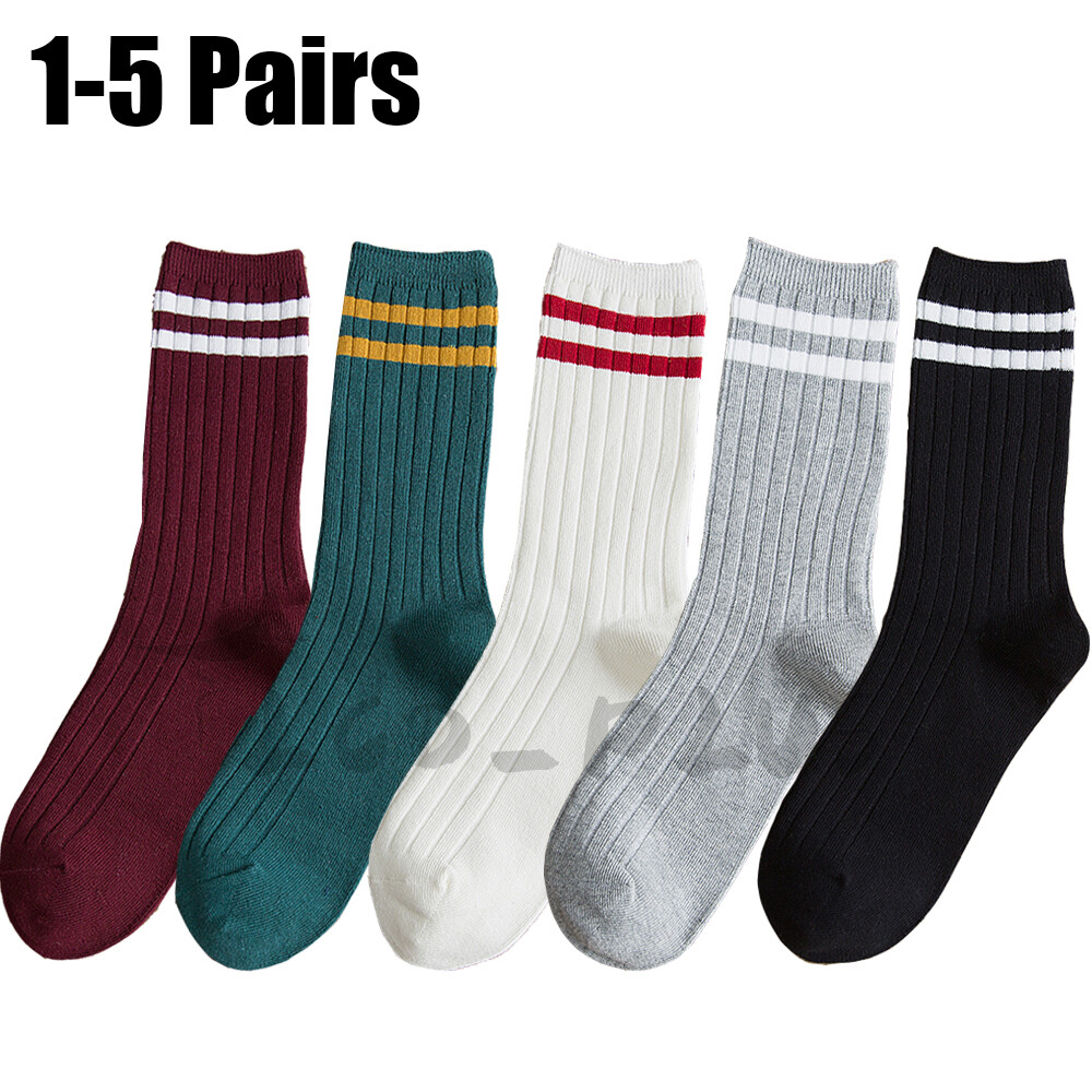 1-5 Pairs Womens Mens Athletic Sports Crew Socks Cotton Striped Classic Casual