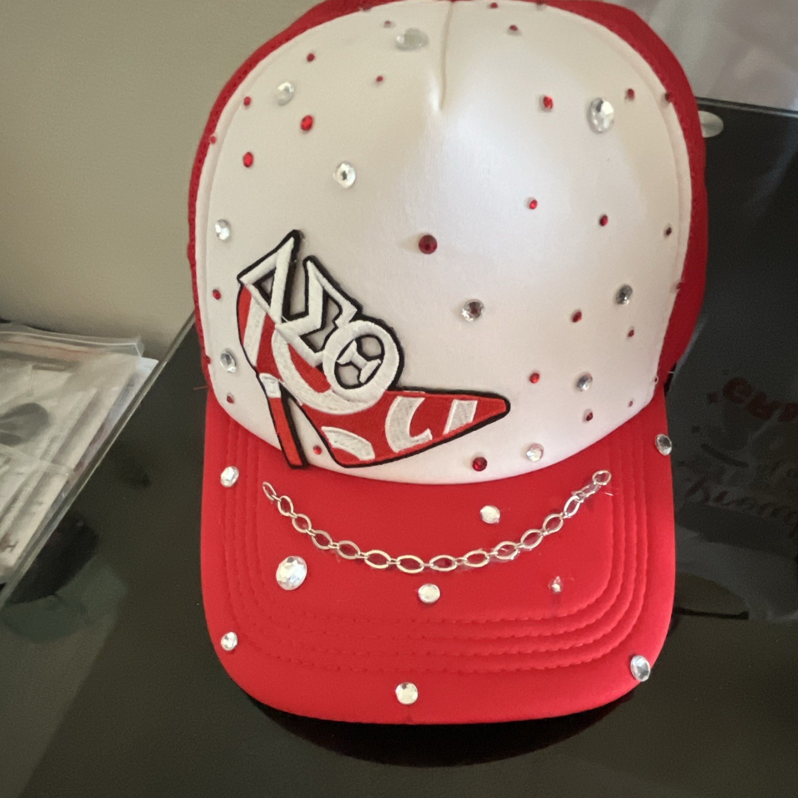 ROCK Red/White Rhinestone Mesh Back Adjustable Trucker Hat Unisex One Size
