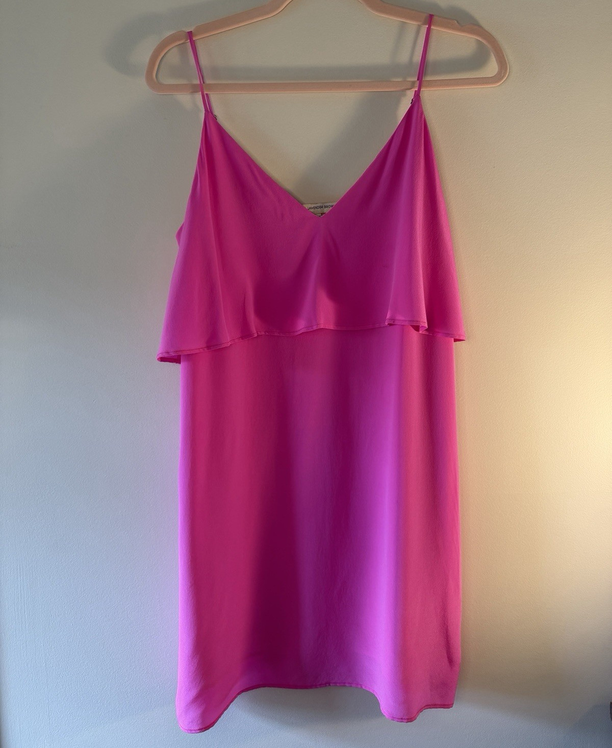 Lavender Brown 100% Silk Dress Size Small Pink Ruffle Mini Made USA