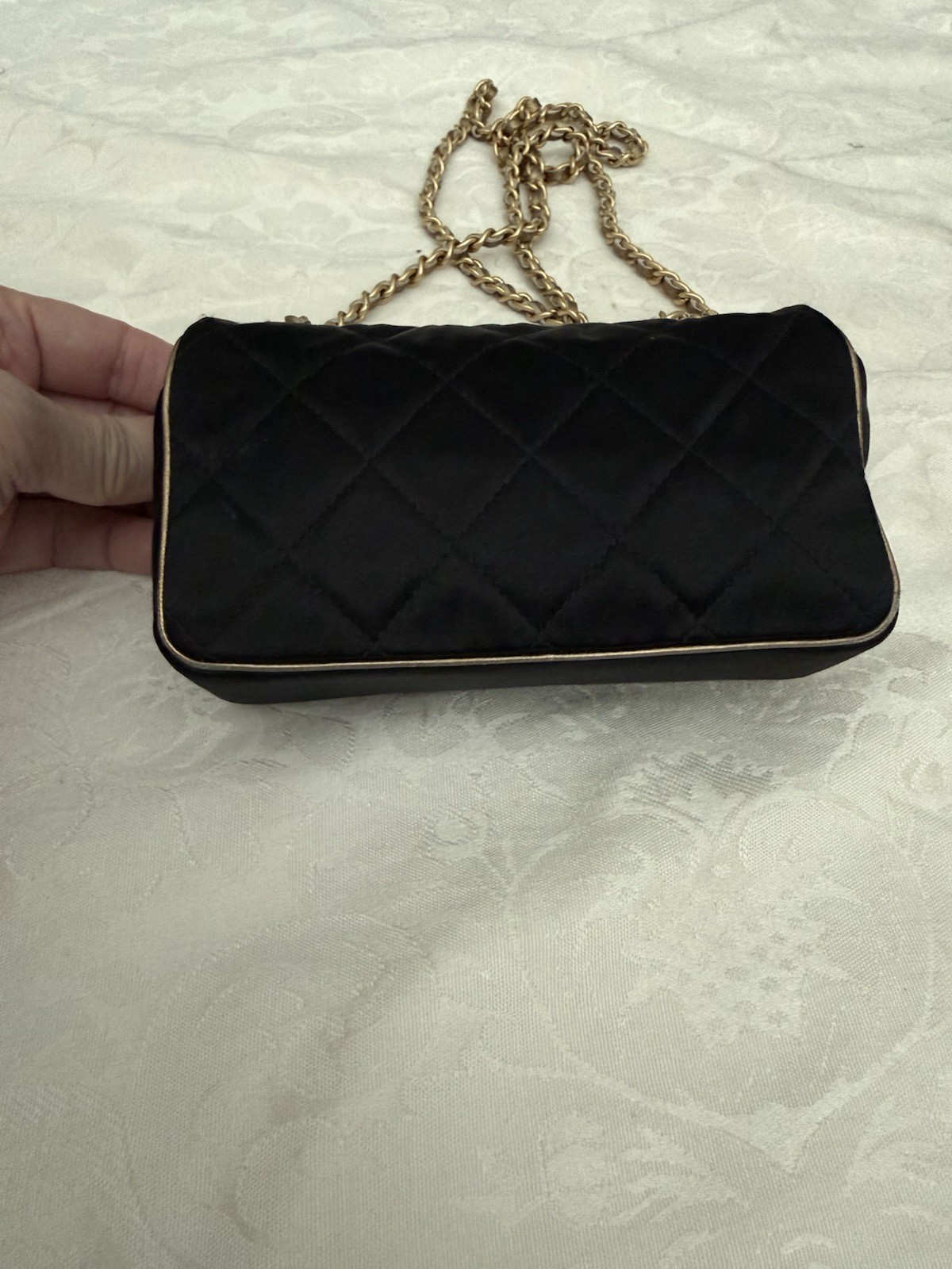 Vintage Chanel Extra Mini Satin Flap Bag Black Gold Chain Crossbody Rare