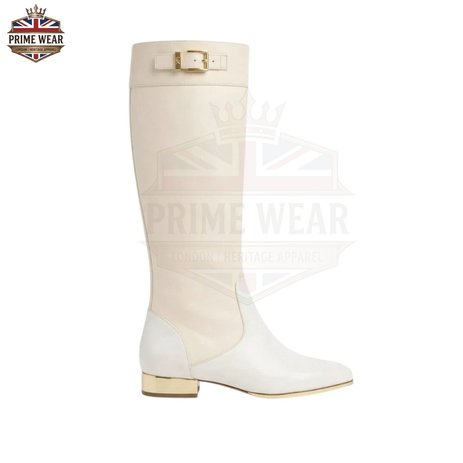 Womens Ivory Genuine Leather Knee High Riding Boots Gold Zip Buckle Equestrian