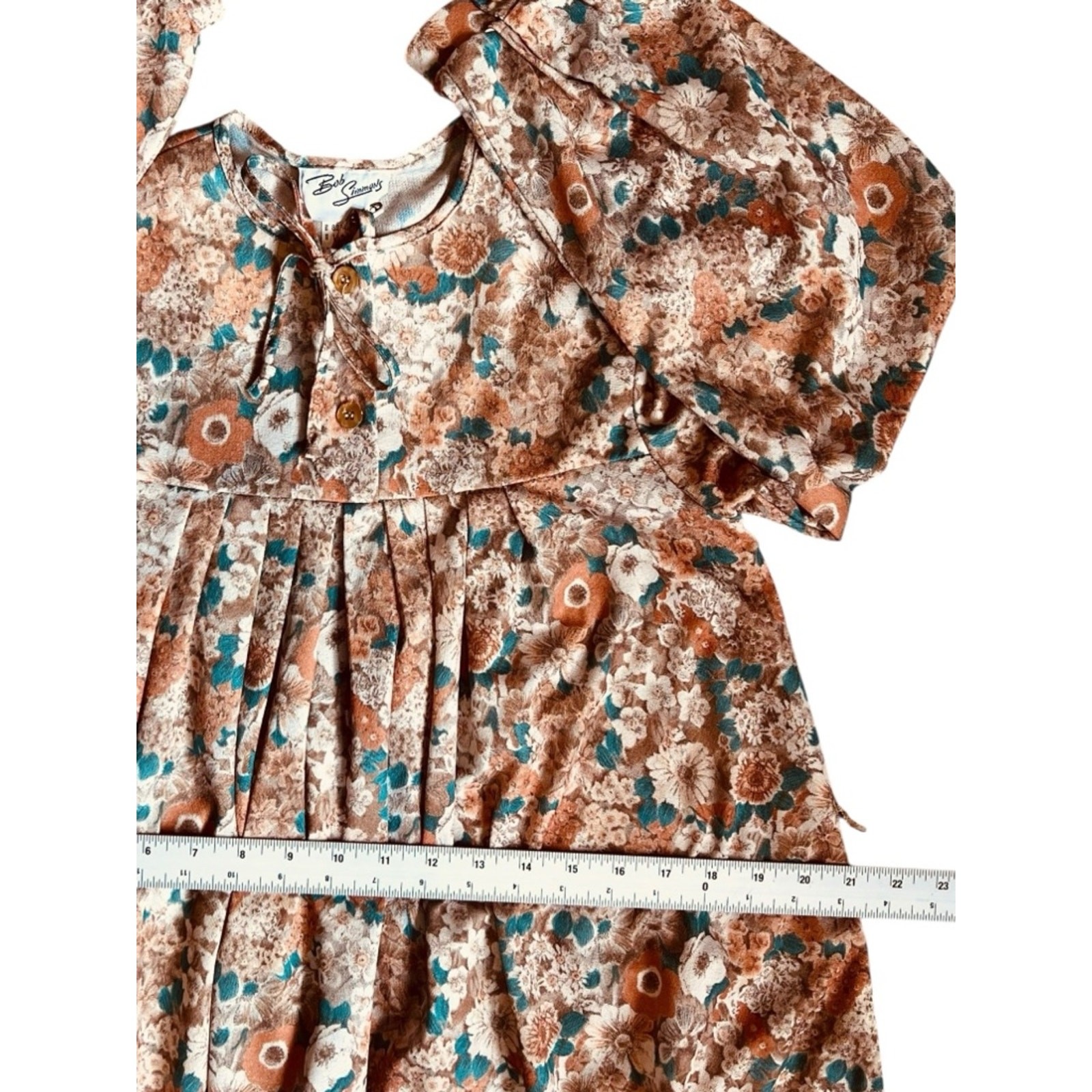 Vintage 70s Bob Simmons Women’s Sz S Tan Floral Ruffle Dress Midi Long Sleeves