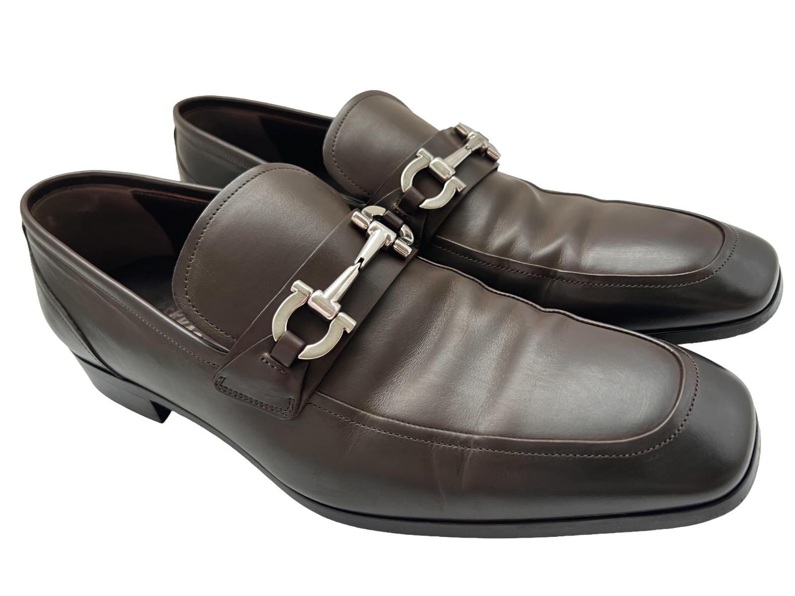 $1050 Ferragamo Mens LORENZO Brown Shoes Gancini Silver Bit Loafers 11.5 D