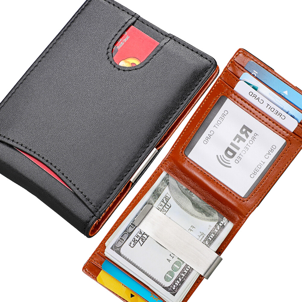 Leather RFID Blocking Slim Black Unisex Wallet Short Two Fold Small Card Package
