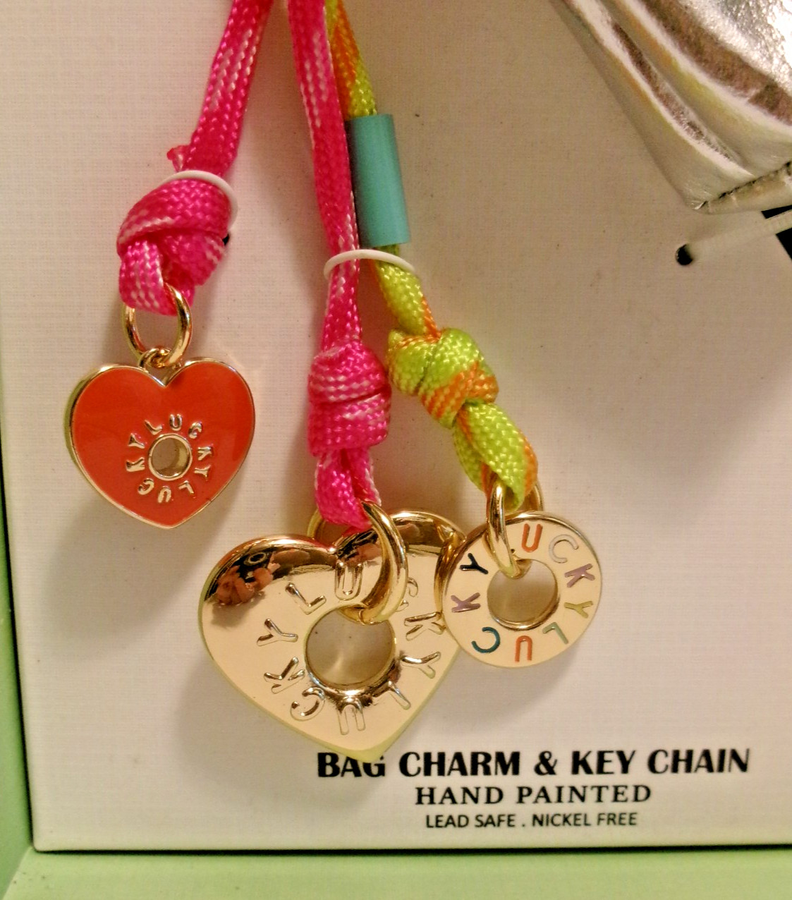 Piper K Bag Charm & Keychain Lucky Hearts & Silver Zipped Pouch NIB B61