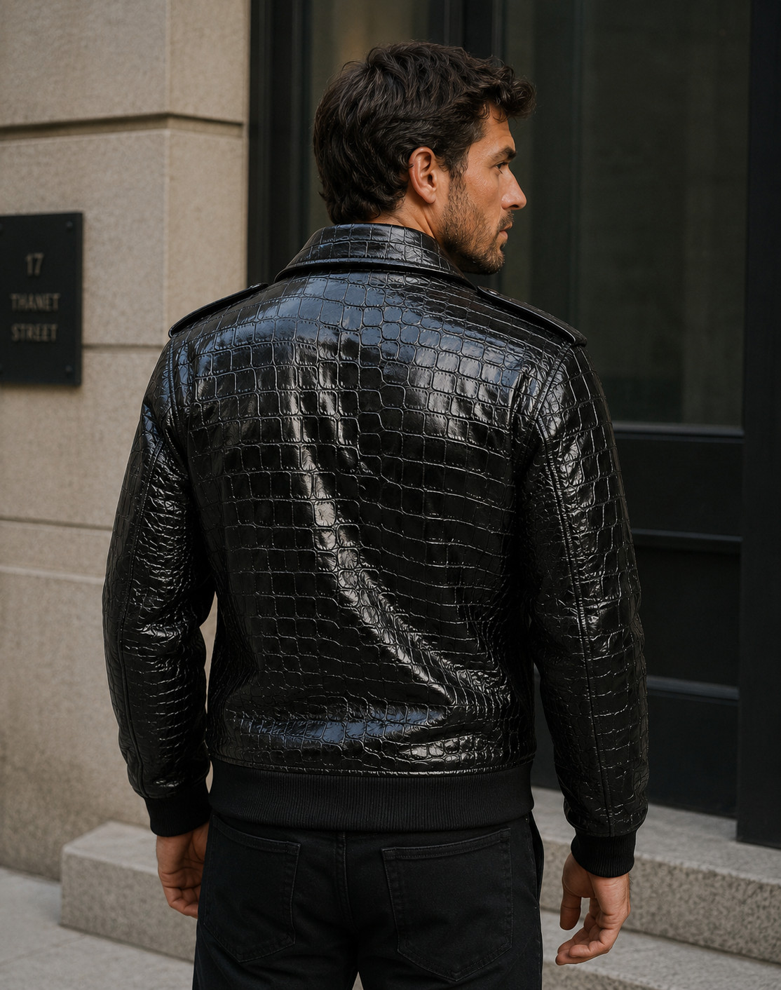 Men’s Black Real Leather Crocodile Embossed Luxury Alligator Print Bomber Jacket