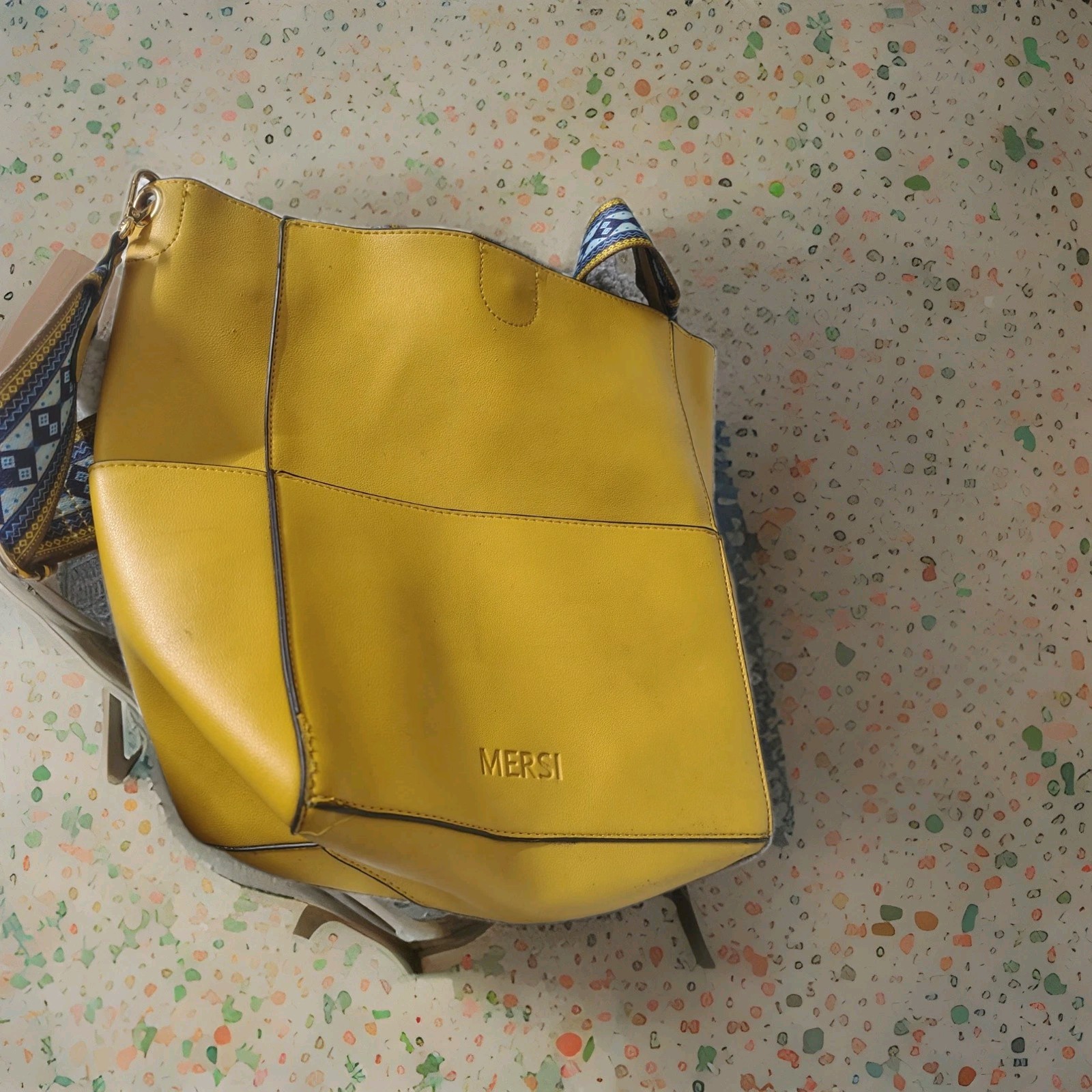 MERSI Yellow Medium Bucket Shoulder Bag Geometric Strap Gold Hardware Zip