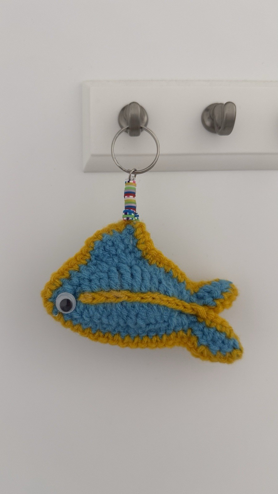 Handmade Crochet Fish Key Chain Keyring Charm, Blue/Yellow Yarn Metal Plastic