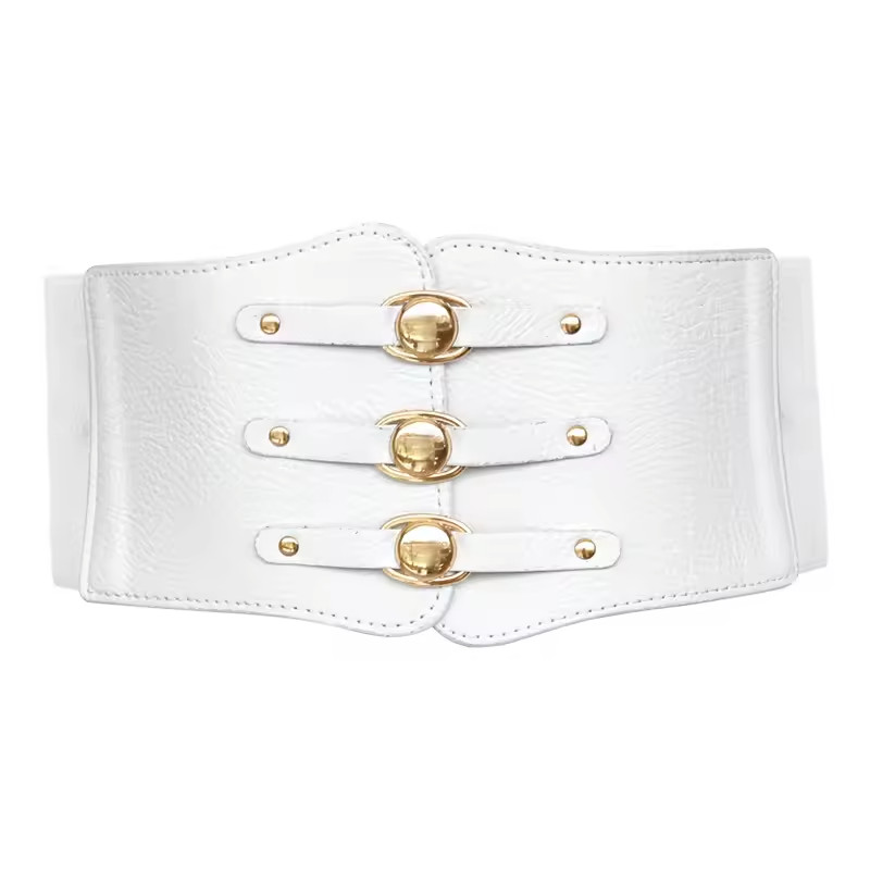 Women Wide Elastic Waist Belt Cinch Corset Triple Gold Buckle Dress Waistband