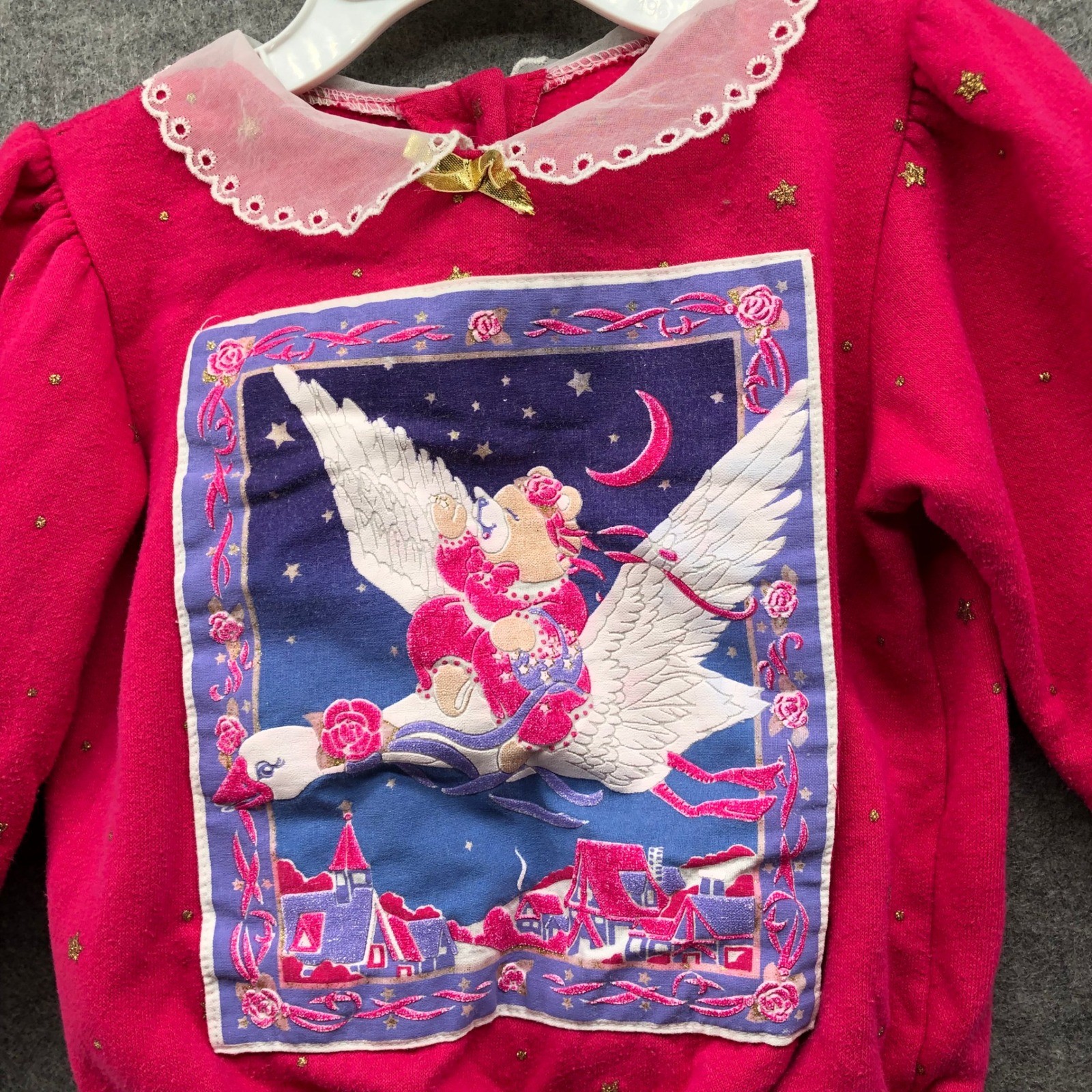 Vintage 80s 90s Spumoni Teddy Bear Swan Lace Collar Sweatshirt Pink Girls 2T
