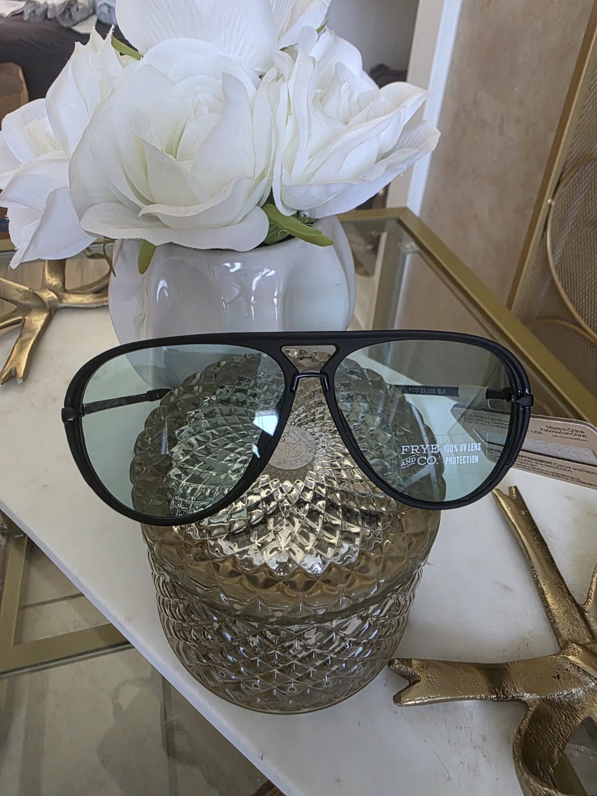 Frye and Co. Women Aviator Sunglasses Black Plastic Frame Green UV Lenses