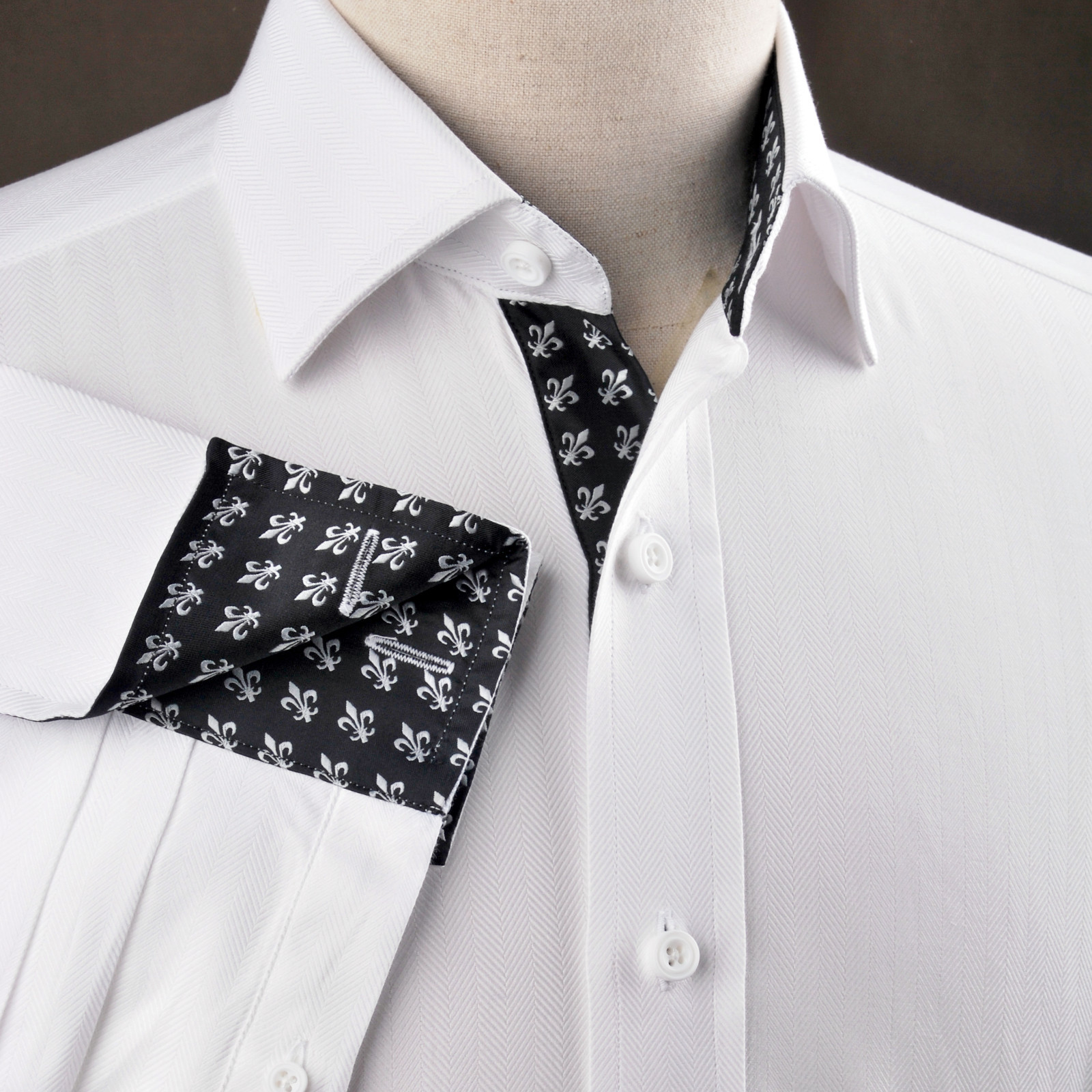 White Herringbone Twill Formal Business Dress Shirt Fleur-De-Lis Italian GQ Boss