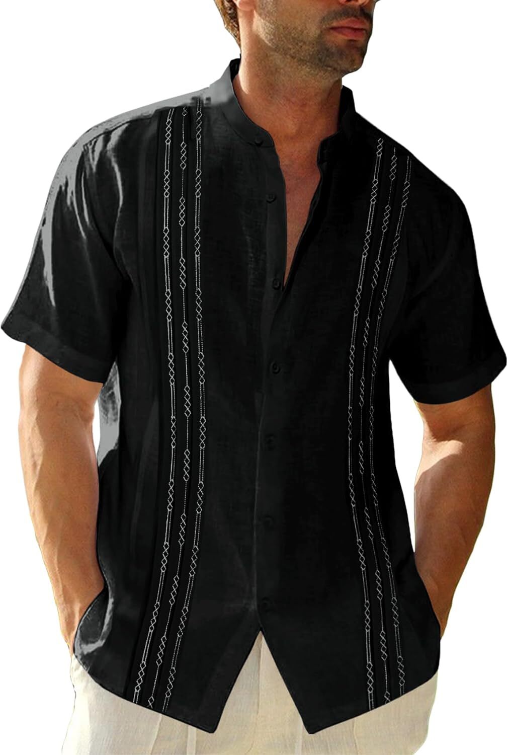 Mens Guayabera Shirt Linen Cotton Embroidered Short Sleeve Cuban Wedding Beach