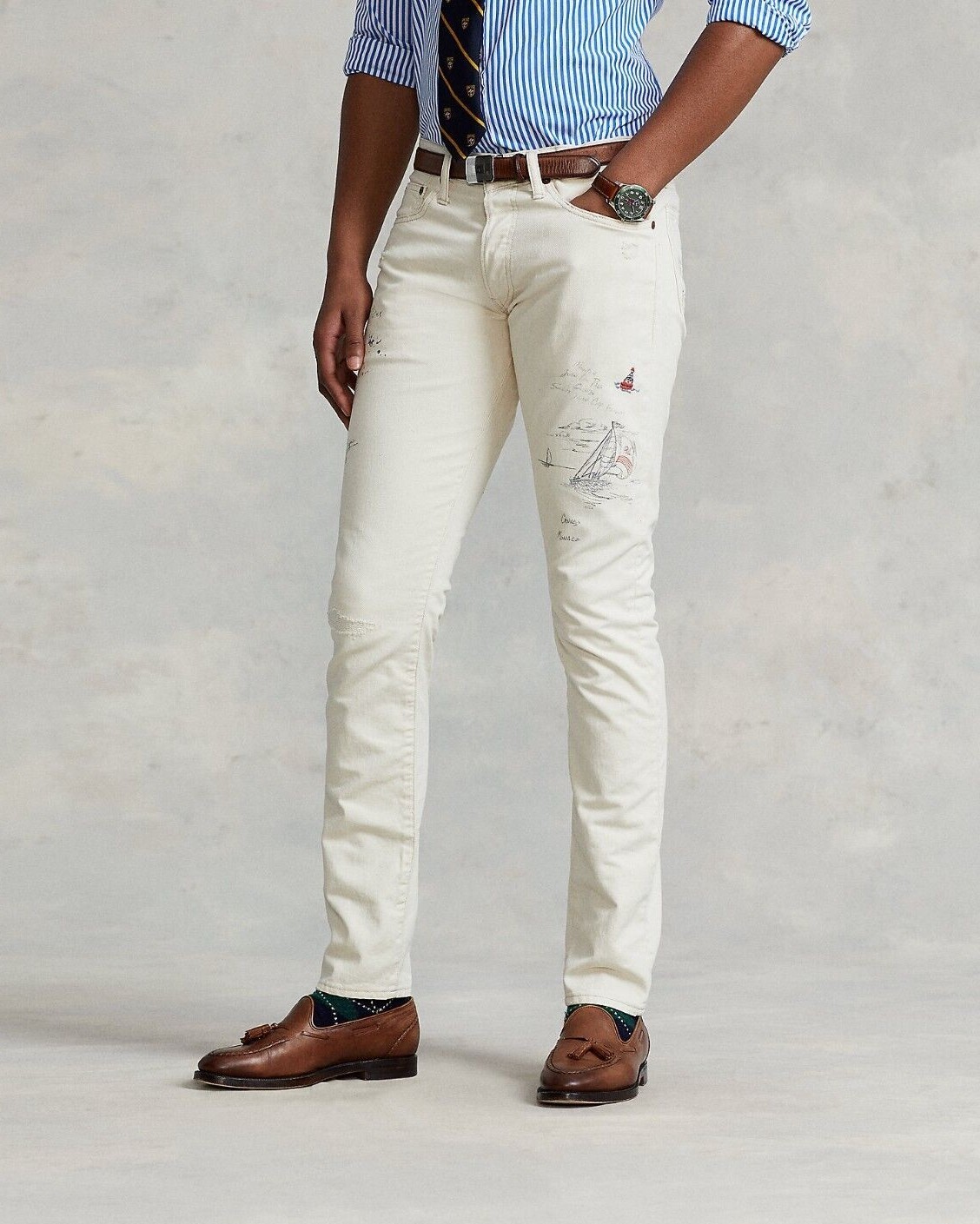 Polo Ralph Lauren Sailing Yacht Artist Artwork Pen Drawing Royal CP93 Slim Jeans