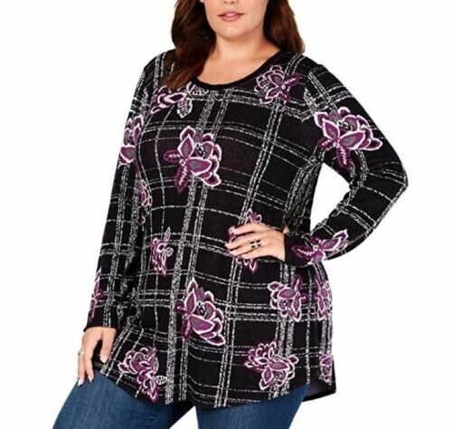 Style & Co Womens Plus 2X Black Violet Floral Long Sleeve Tunic Top NWT A63