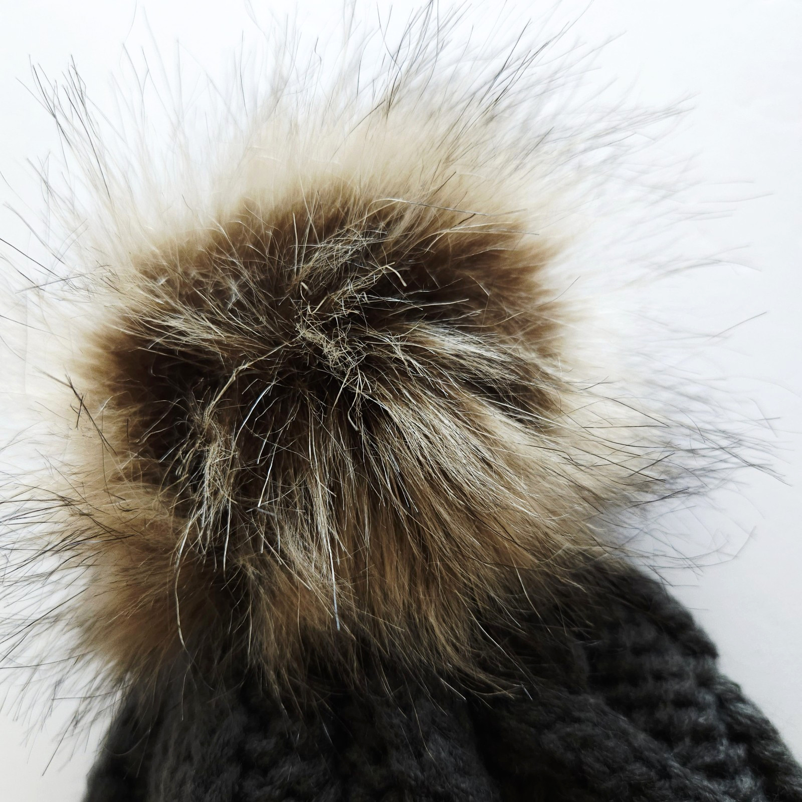 Grey Cable Knit Hat with Fluffy Pom OS Beanie Cold Weather Cap Cottagecore