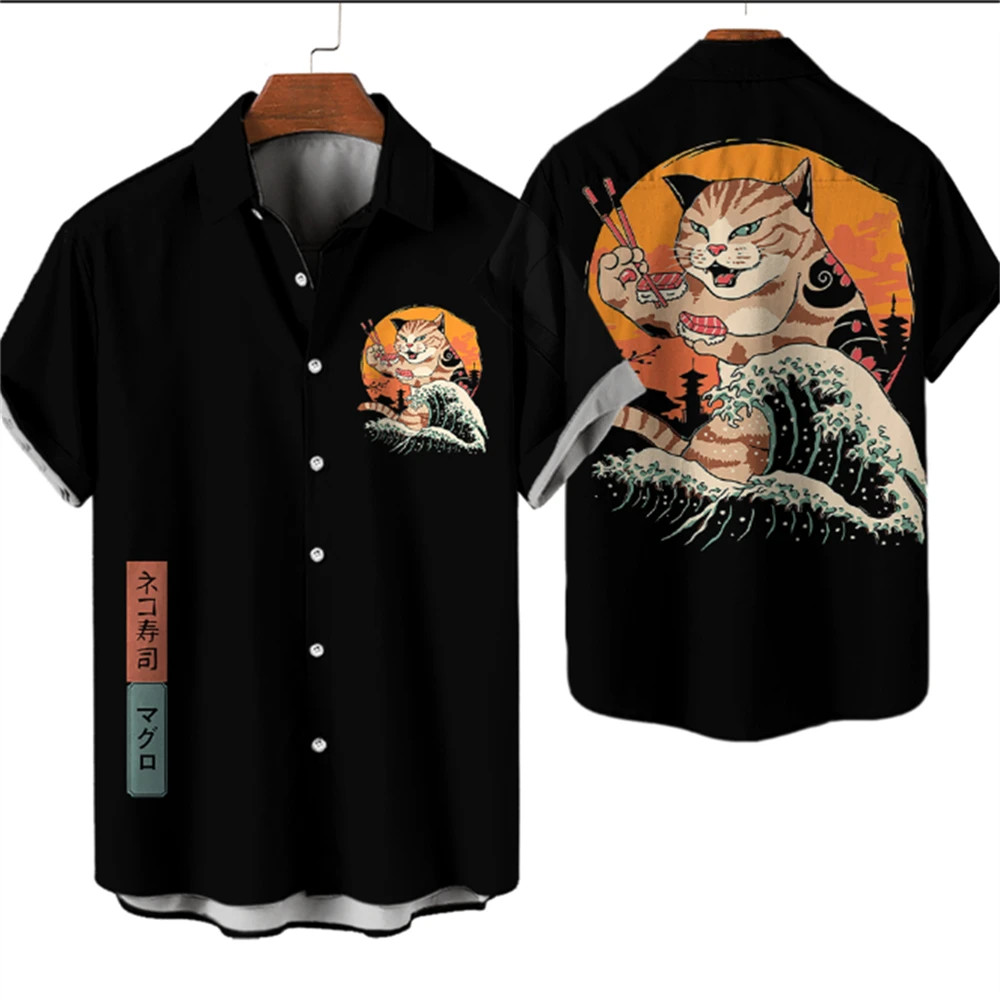 Fashion Men’s Clothing Cool Samurai Cat Tops Summer New Men’s Clothing Casual