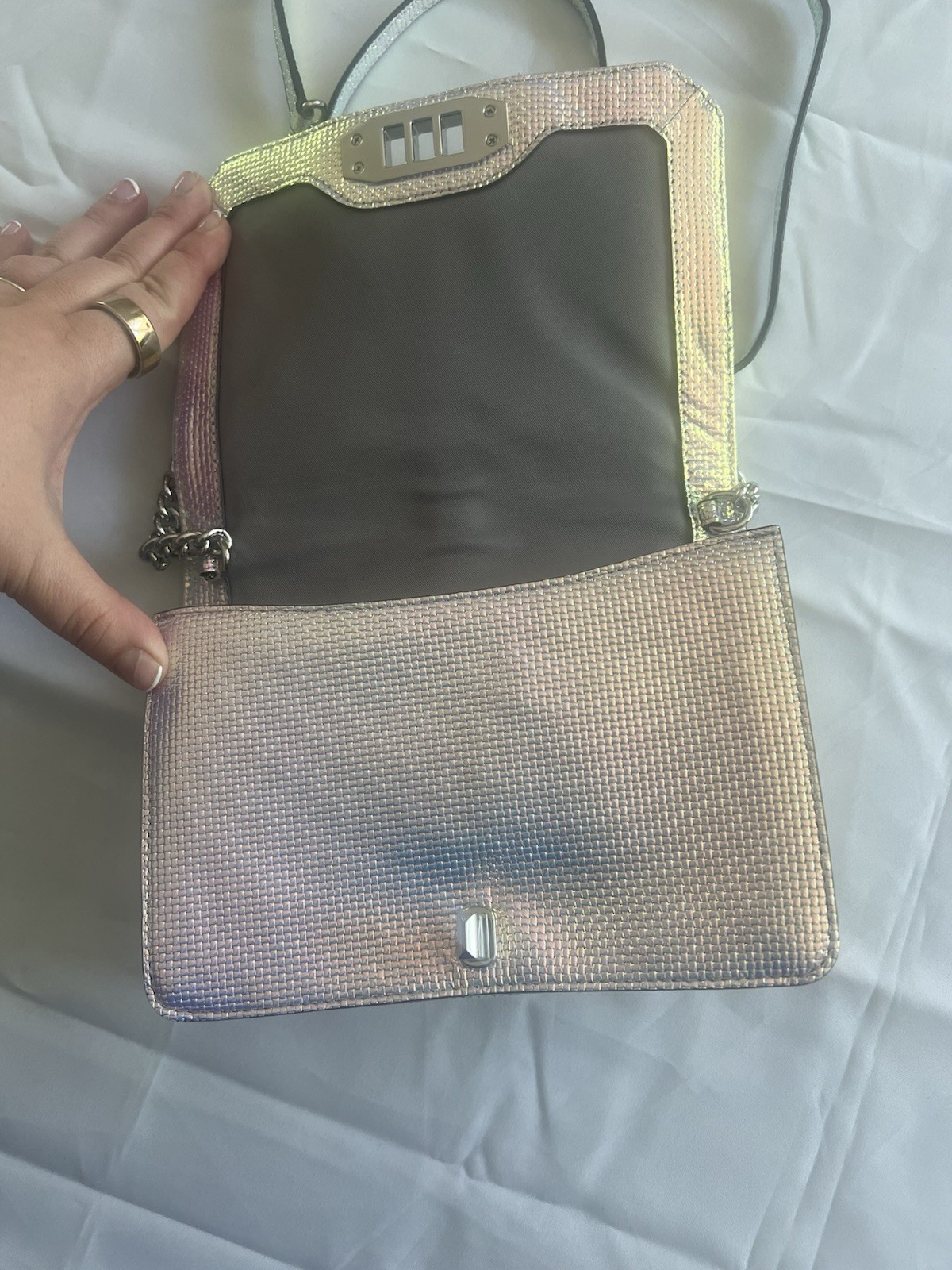 Rebecca Minkoff Iridescent Silver Crossbody Bag Turn Lock Chain Strap Detach