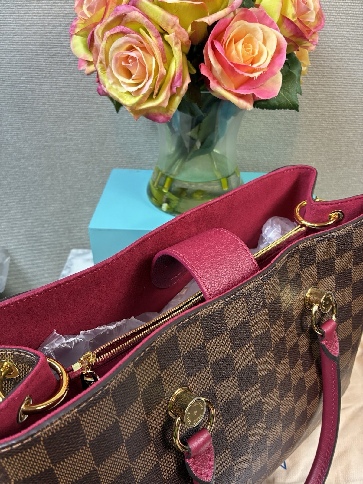 Louis Vuitton LV Damier Ebene Riverside Tote w/ Magenta Leather & LV Charm – NWT