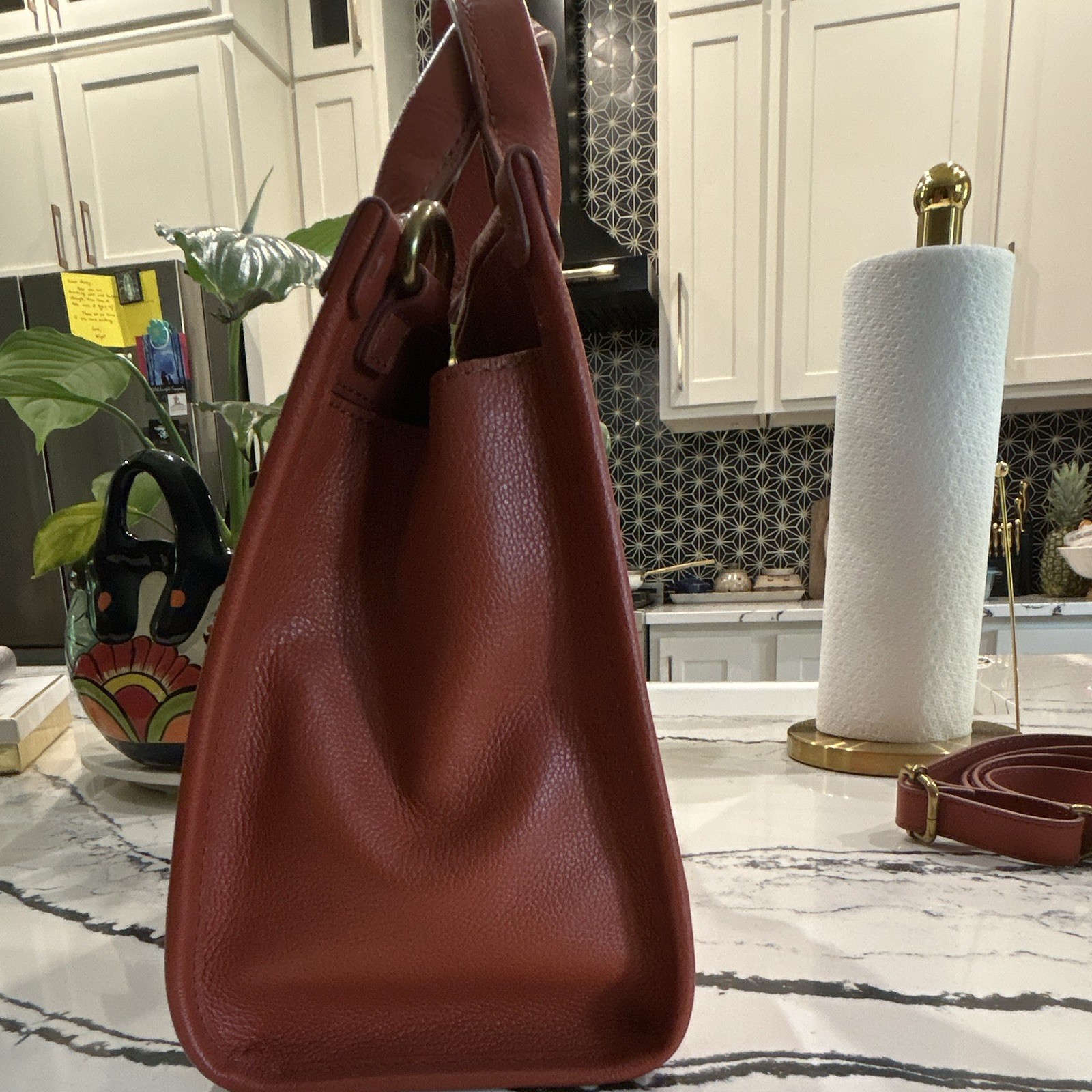 Fossil Brown Pebbled Zip Satchel Top Handle Detachable Adjustable Strap