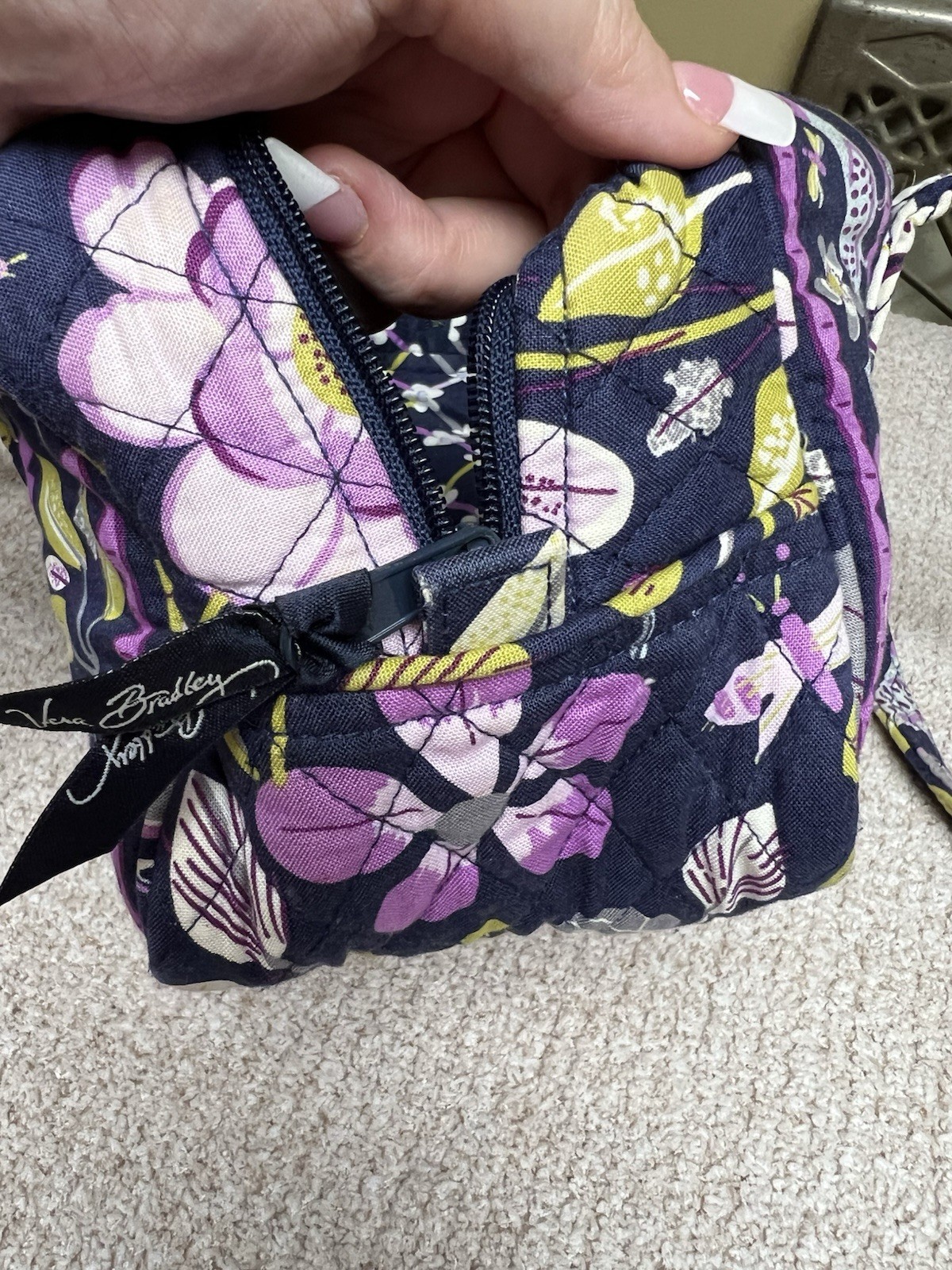 Vera Bradley Navy Floral Shoulder Bag Purse Zip Closure Bag Charm Inner Pockets