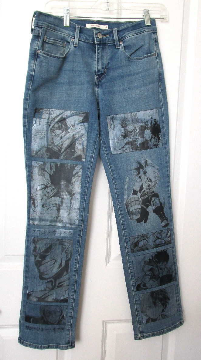 Levis 505 Hero Academia Graphic Print Straight Leg Custom Denim Jeans Women Sz 4
