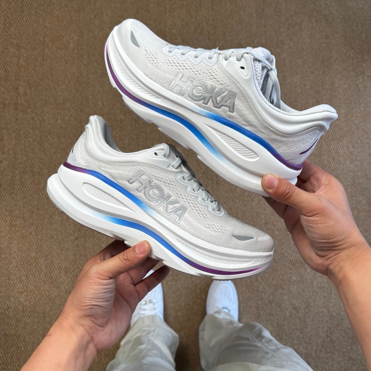 HOKA Bondi 9 Road-Running Shoes – Women’s, Color: Cosmic Grey/White, New.