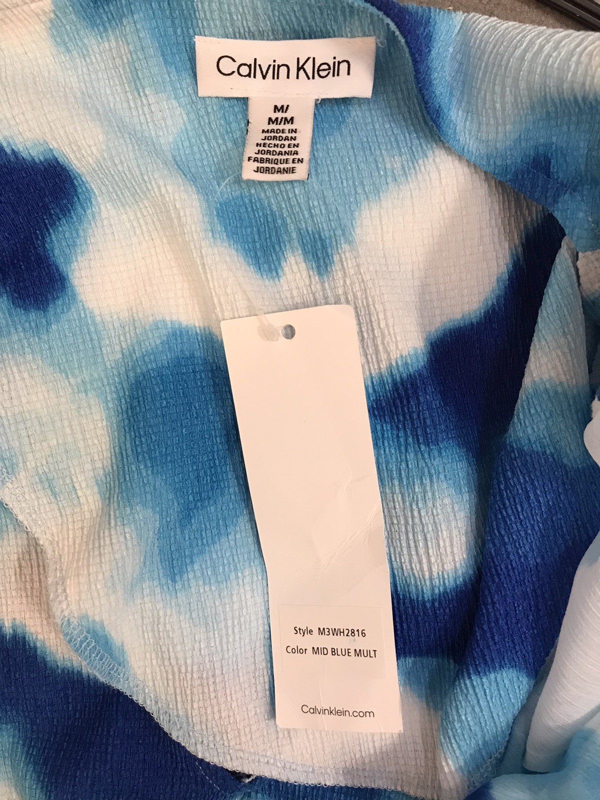Calvin Klein M Top Stretch NWT Low Cut CK Hem Logo Blouse Blue White Short Slv