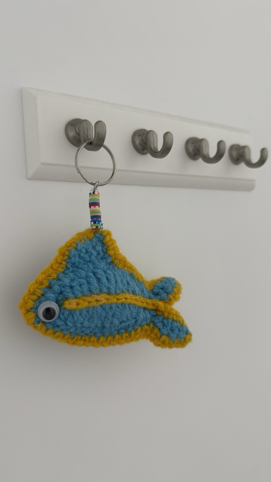 Handmade Crochet Fish Key Chain Keyring Charm, Blue/Yellow Yarn Metal Plastic