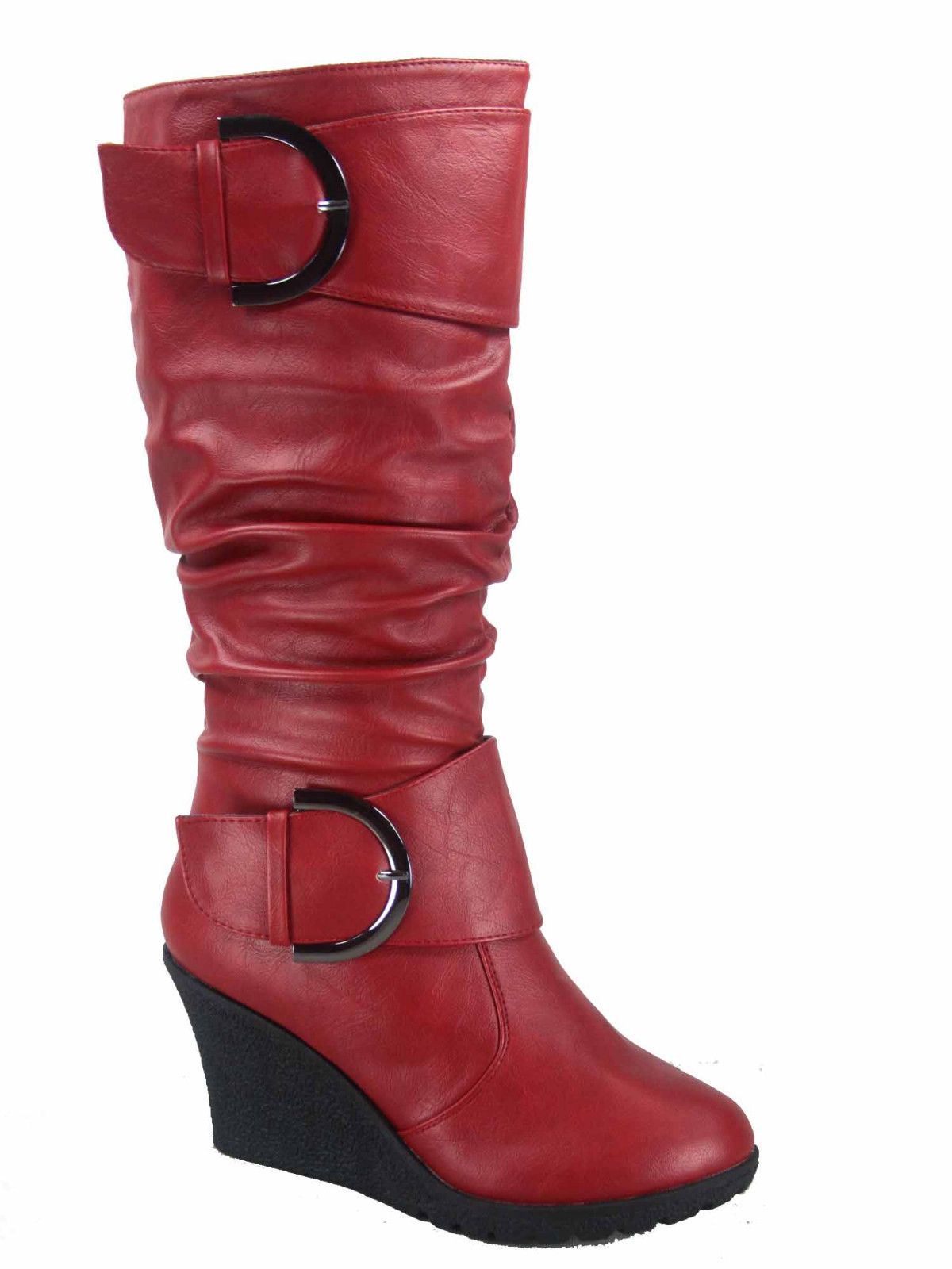 Women’s Cute Round Toe Slouch Buckle Wedge Mid Calf Boot Shoes Size 5 -11 NEW